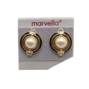 Marvella Faux Pearl Clear Crystal Retro-Inspired Earrings Black/Gold